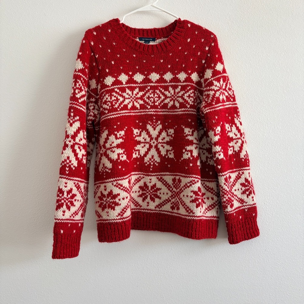 Lands End Sweater Women LP Red Birdseye Fair Isle Apres Ski Holiday Outdoor Hike